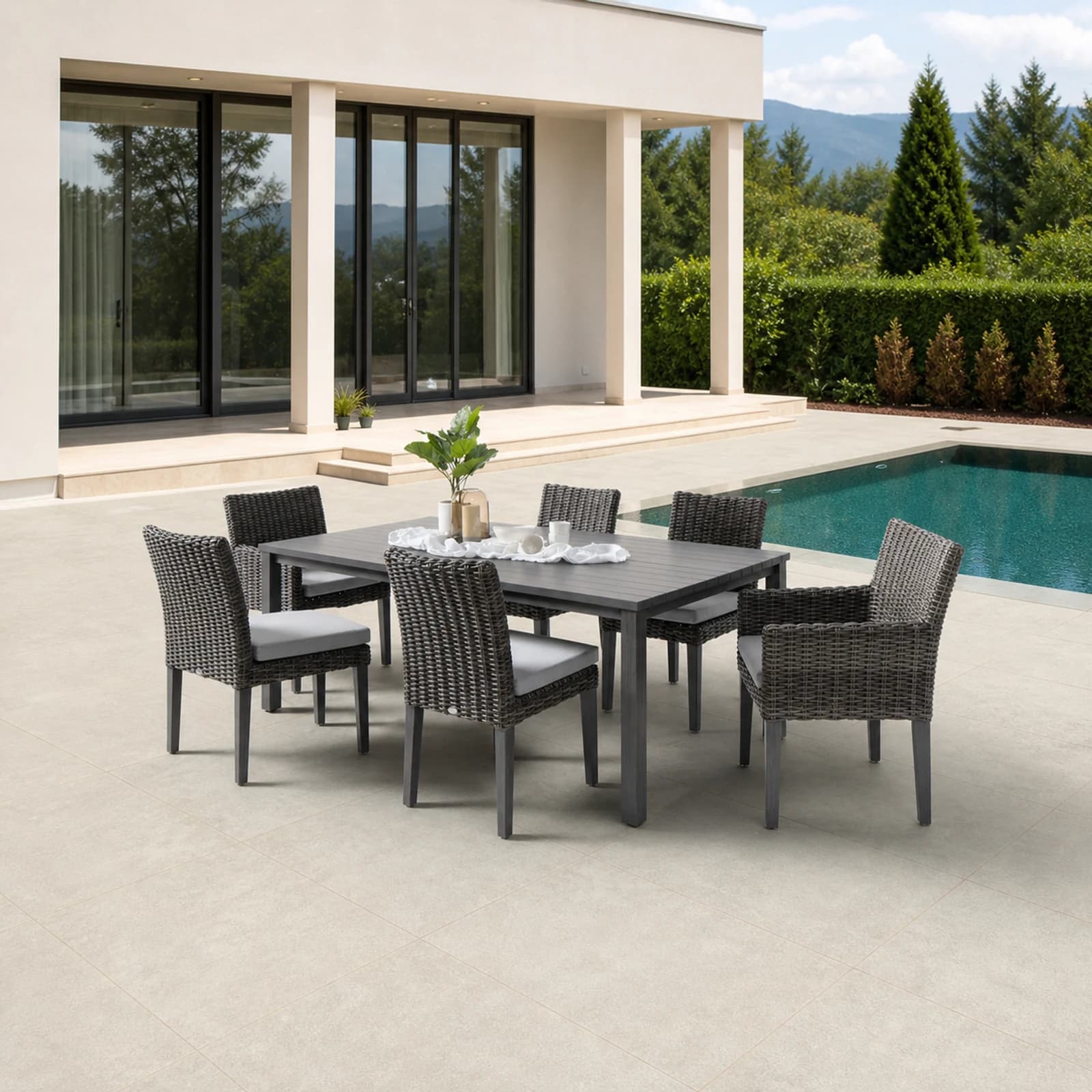 Ratana Budapest collection arranged as a complete front-facing outdoor setting with every visible piece fully inside the square frame.