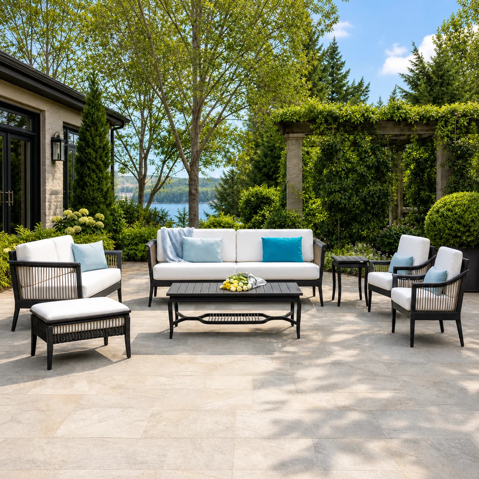 Ratana Copacabana collection arranged as a complete front-facing outdoor setting with every visible piece fully inside the square frame.
