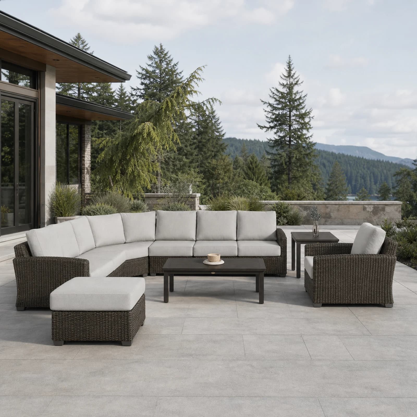 Ratana Coral Gables collection arranged as a complete front-facing outdoor setting with every visible piece fully inside the square frame.
