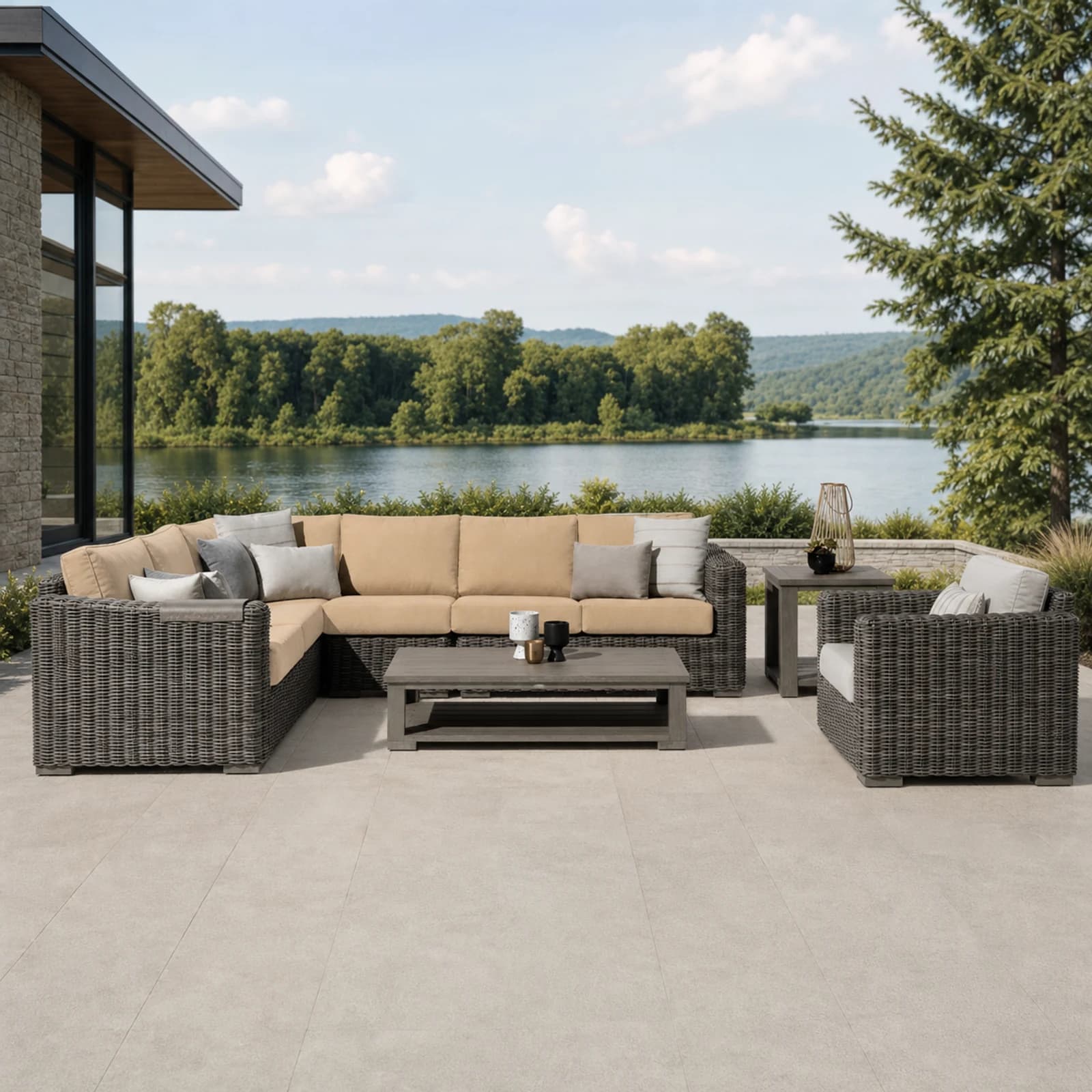 Ratana Cubo collection arranged as a complete front-facing outdoor setting with every visible piece fully inside the square frame.