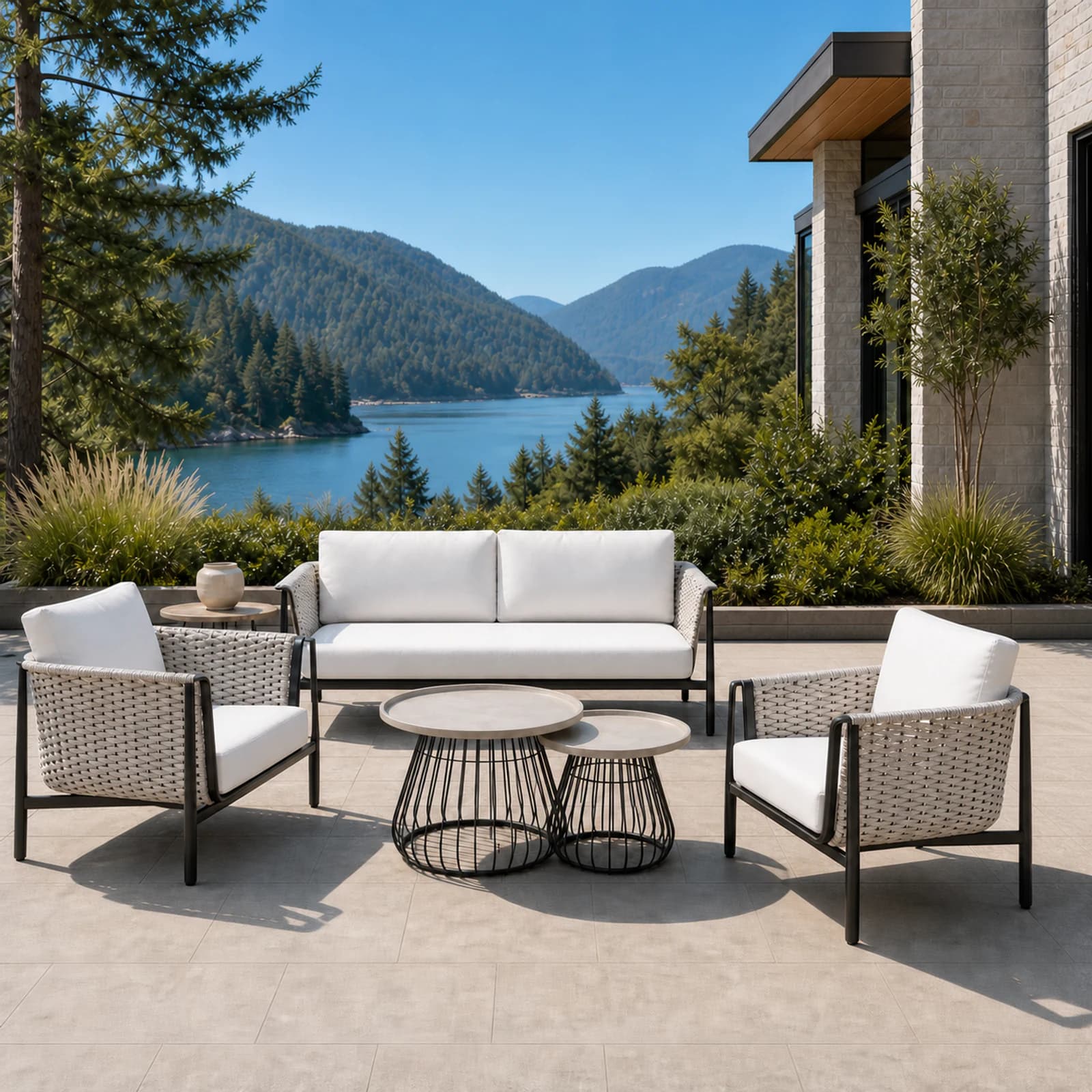 Ratana Diva collection arranged as a complete front-facing outdoor setting with every visible piece fully inside the square frame.