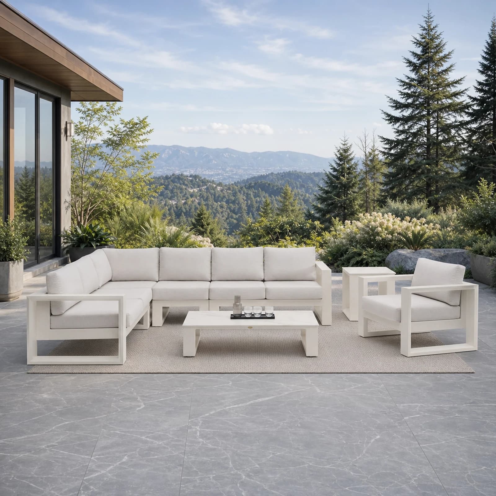Ratana Element 5.0 collection arranged as a complete front-facing outdoor setting with every visible piece fully inside the square frame.