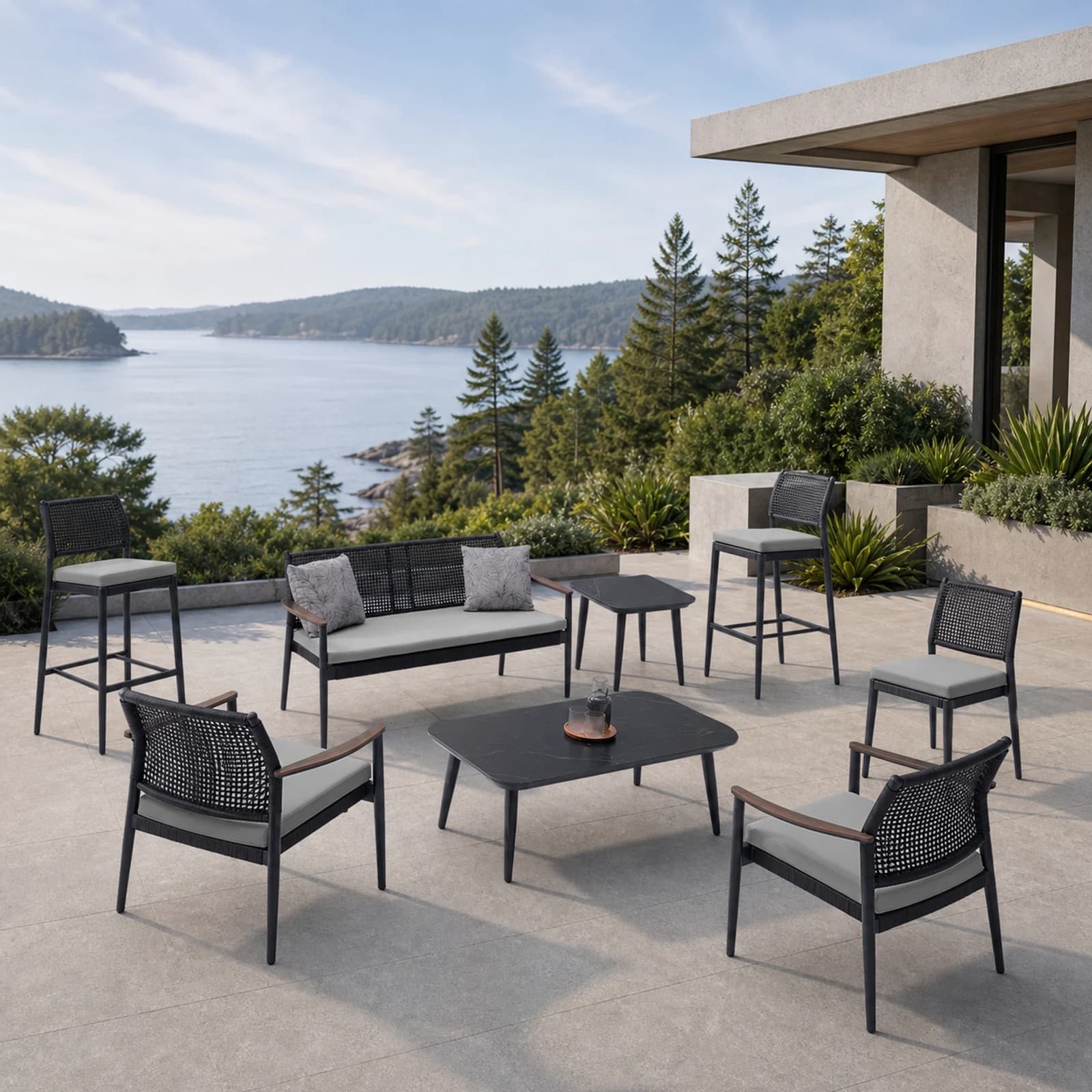Ratana Elisa collection arranged as a complete front-facing outdoor setting with every visible piece fully inside the square frame.