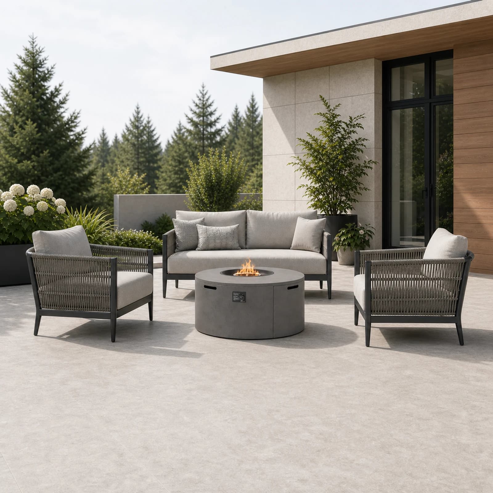 Ratana Fiamma collection arranged as a complete front-facing outdoor setting with every visible piece fully inside the square frame.