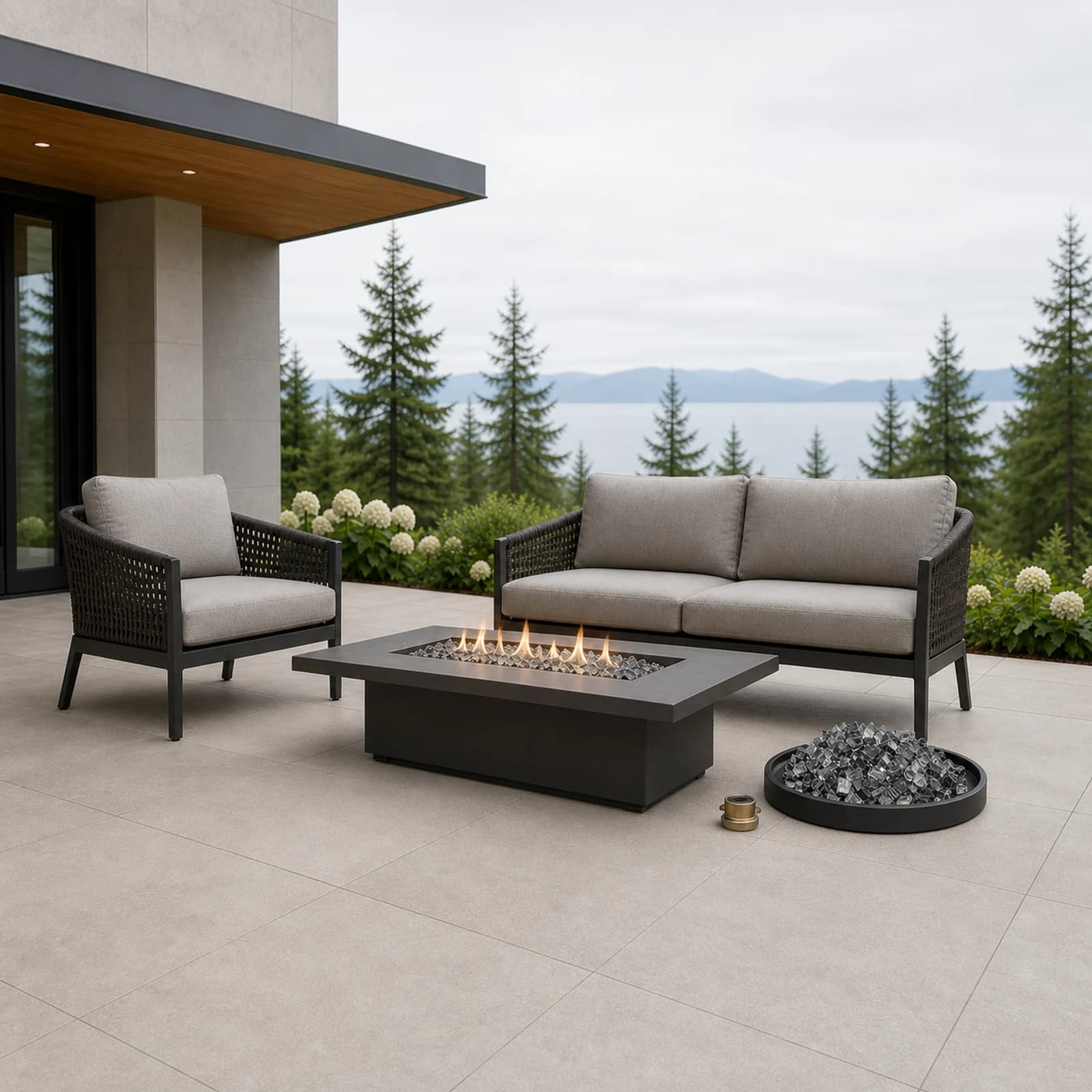 Ratana Fire Pit Accessories collection arranged as a complete front-facing outdoor setting with every visible piece fully inside the square frame.
