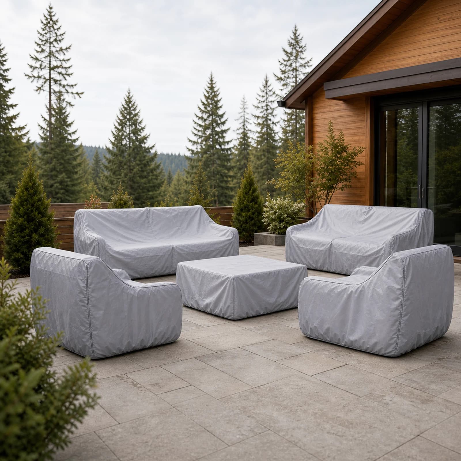 Ratana Furniture Covers collection arranged as a complete front-facing outdoor setting with every visible piece fully inside the square frame.