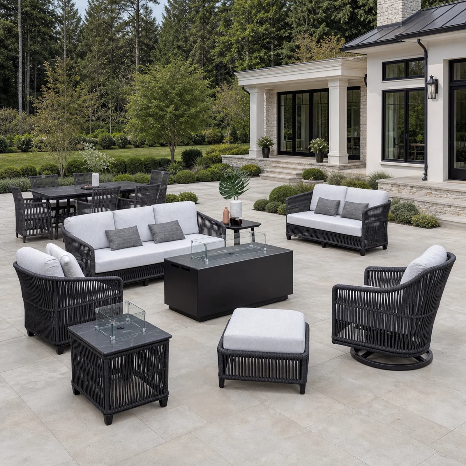 Ratana Gemelli collection arranged as a complete front-facing outdoor setting with every visible piece fully inside the square frame.