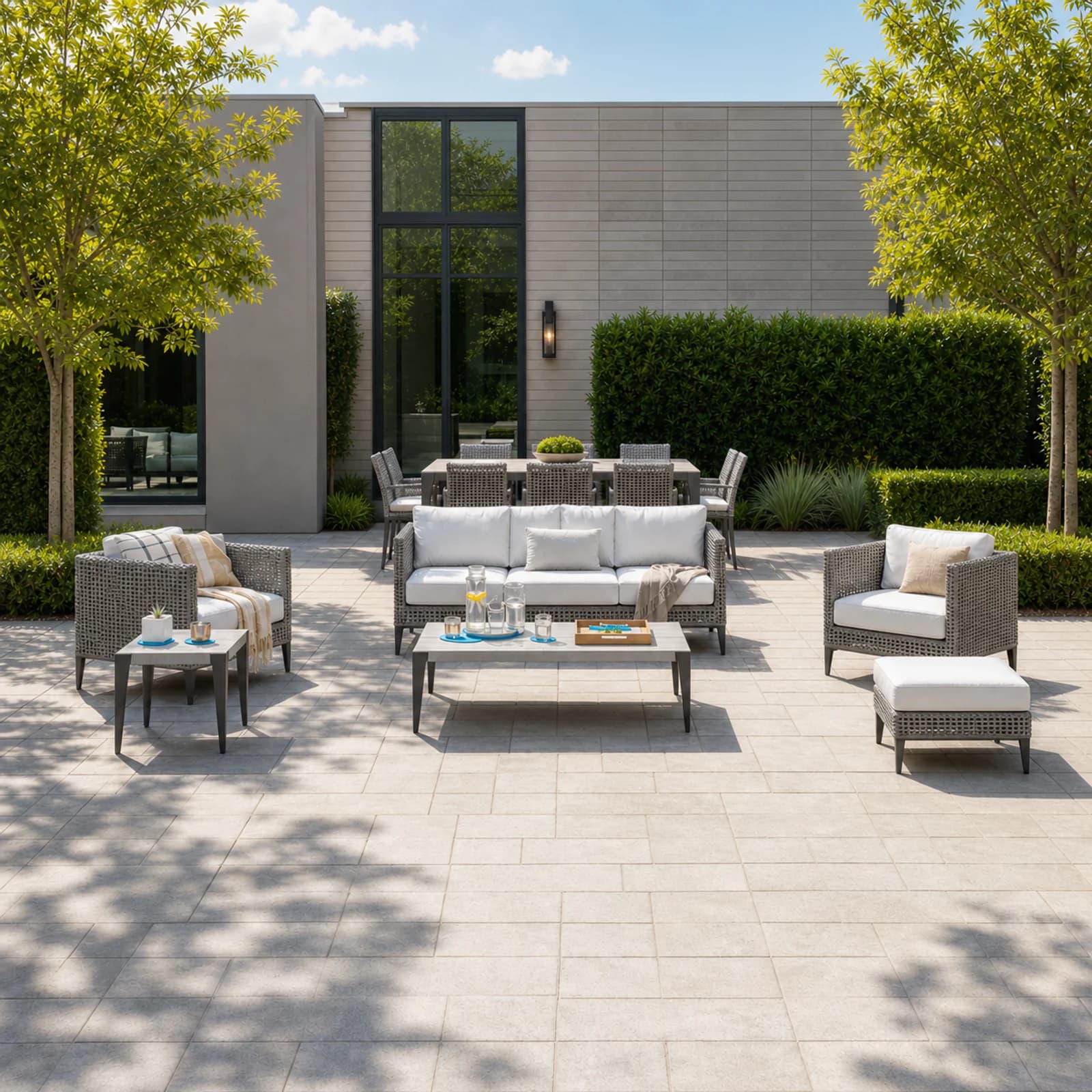 Ratana Genval collection arranged as a complete front-facing outdoor setting with every visible piece fully inside the square frame.