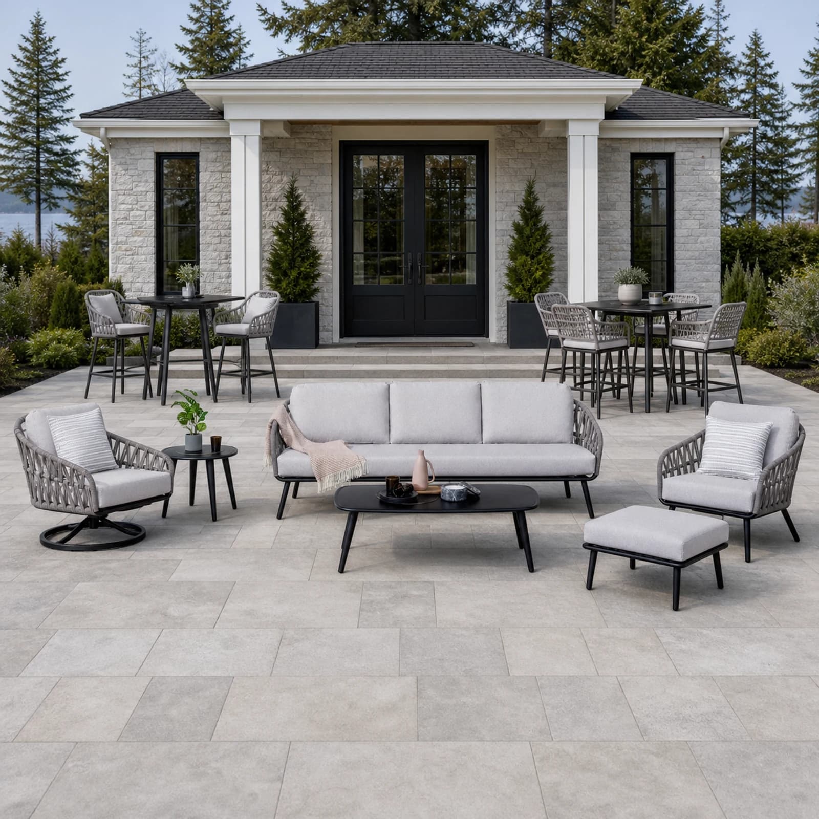 Ratana Hamptons collection arranged as a complete front-facing outdoor setting with every visible piece fully inside the square frame.
