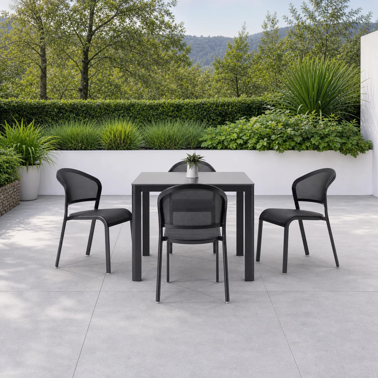 Ratana Lago collection arranged as a complete front-facing outdoor setting with every visible piece fully inside the square frame.