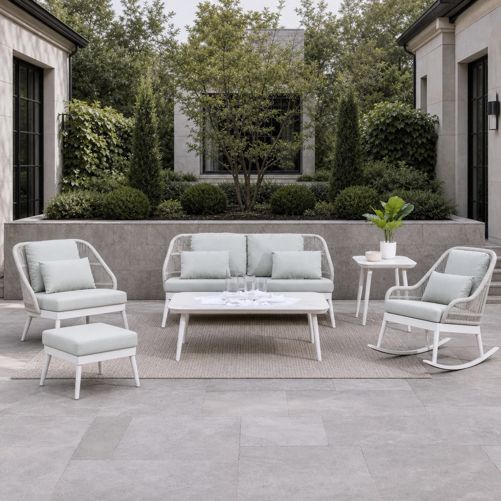 Ratana Las Colinas collection arranged as a complete front-facing outdoor setting with every visible piece fully inside the square frame.