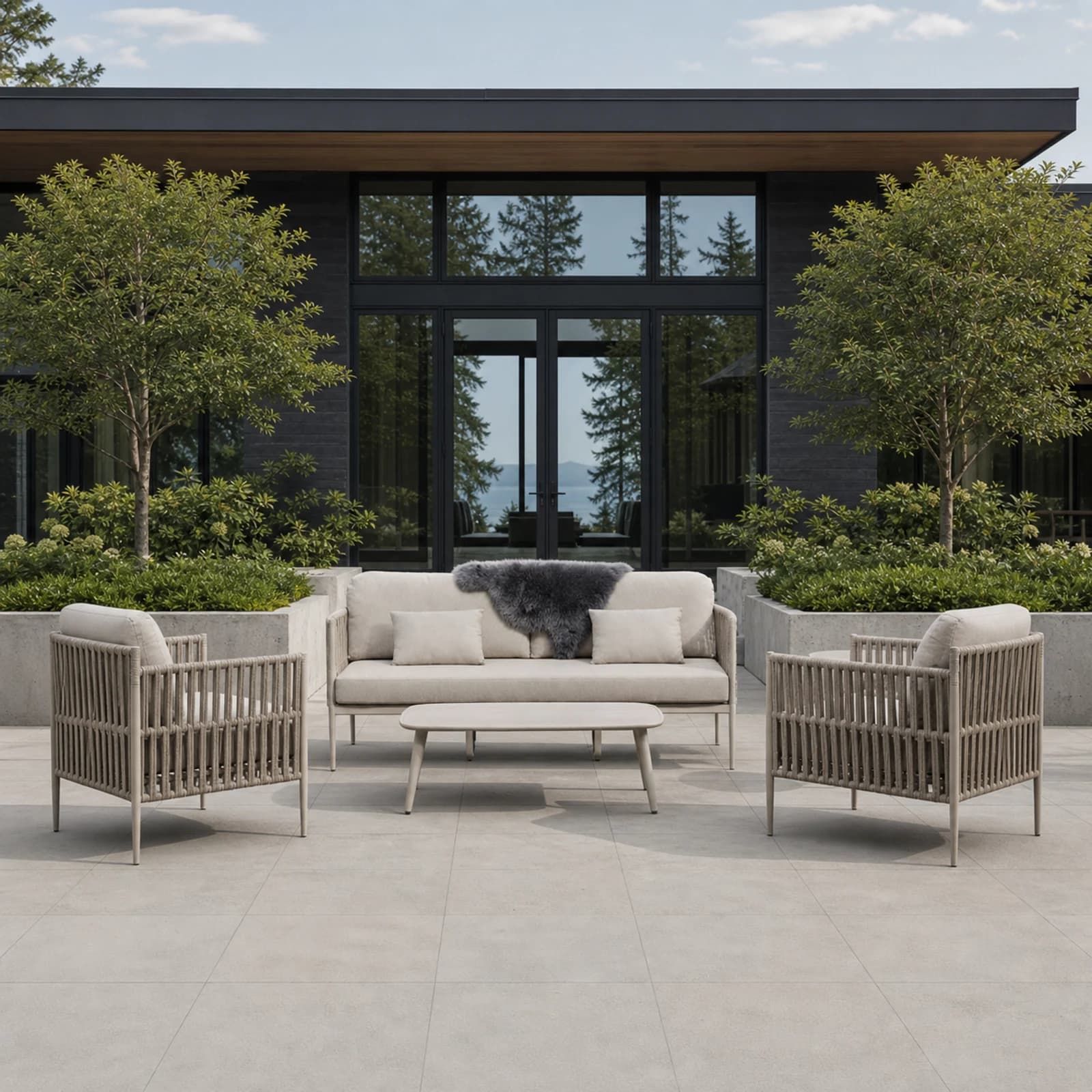 Ratana Lineas collection arranged as a complete front-facing outdoor setting with every visible piece fully inside the square frame.
