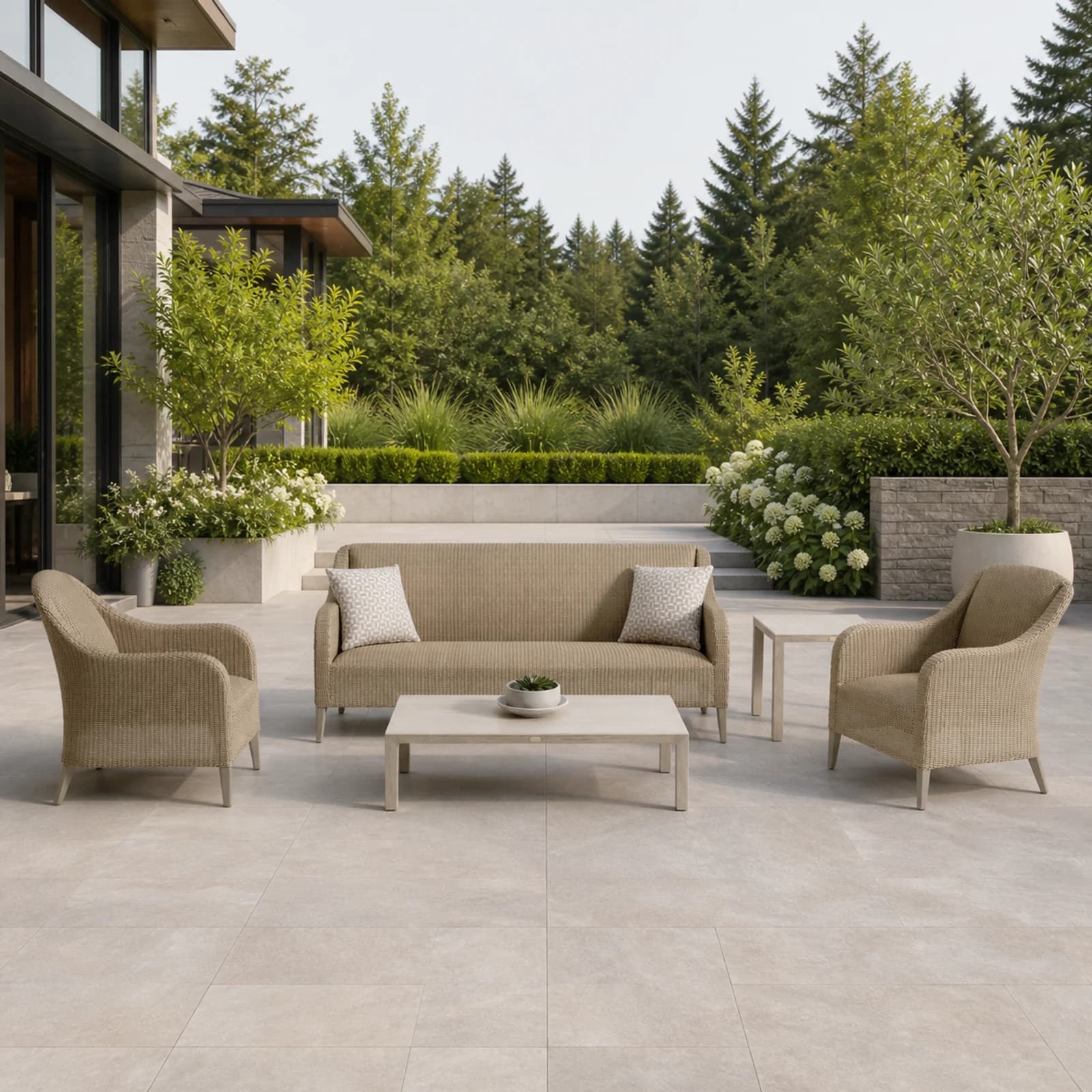 Ratana Marbella collection arranged as a complete front-facing outdoor setting with every visible piece fully inside the square frame.