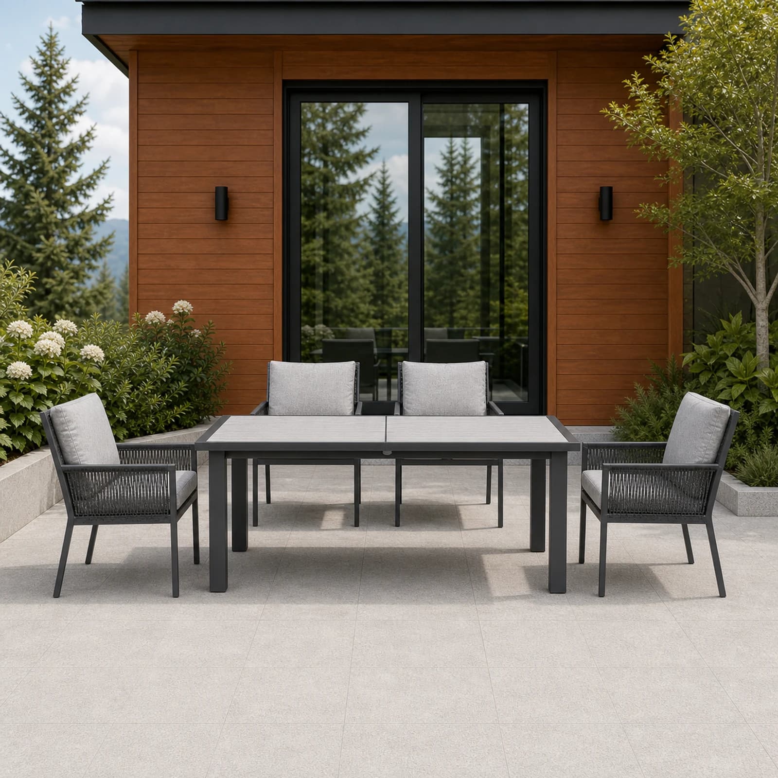 Ratana Mezo collection arranged as a complete front-facing outdoor setting with every visible piece fully inside the square frame.