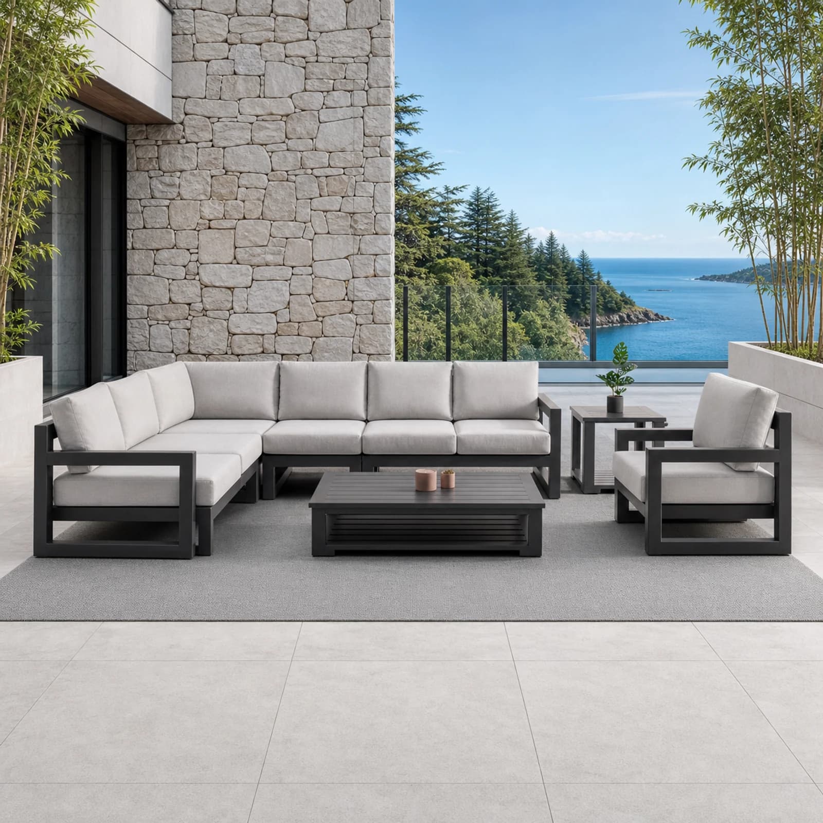 Ratana Milano collection arranged as a complete front-facing outdoor setting with every visible piece fully inside the square frame.