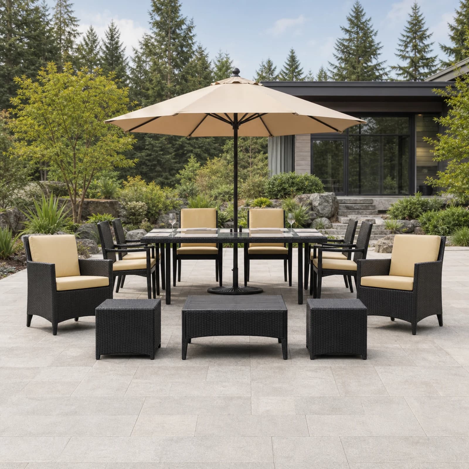Ratana New Miami Lakes collection arranged as a complete front-facing outdoor setting with every visible piece fully inside the square frame.