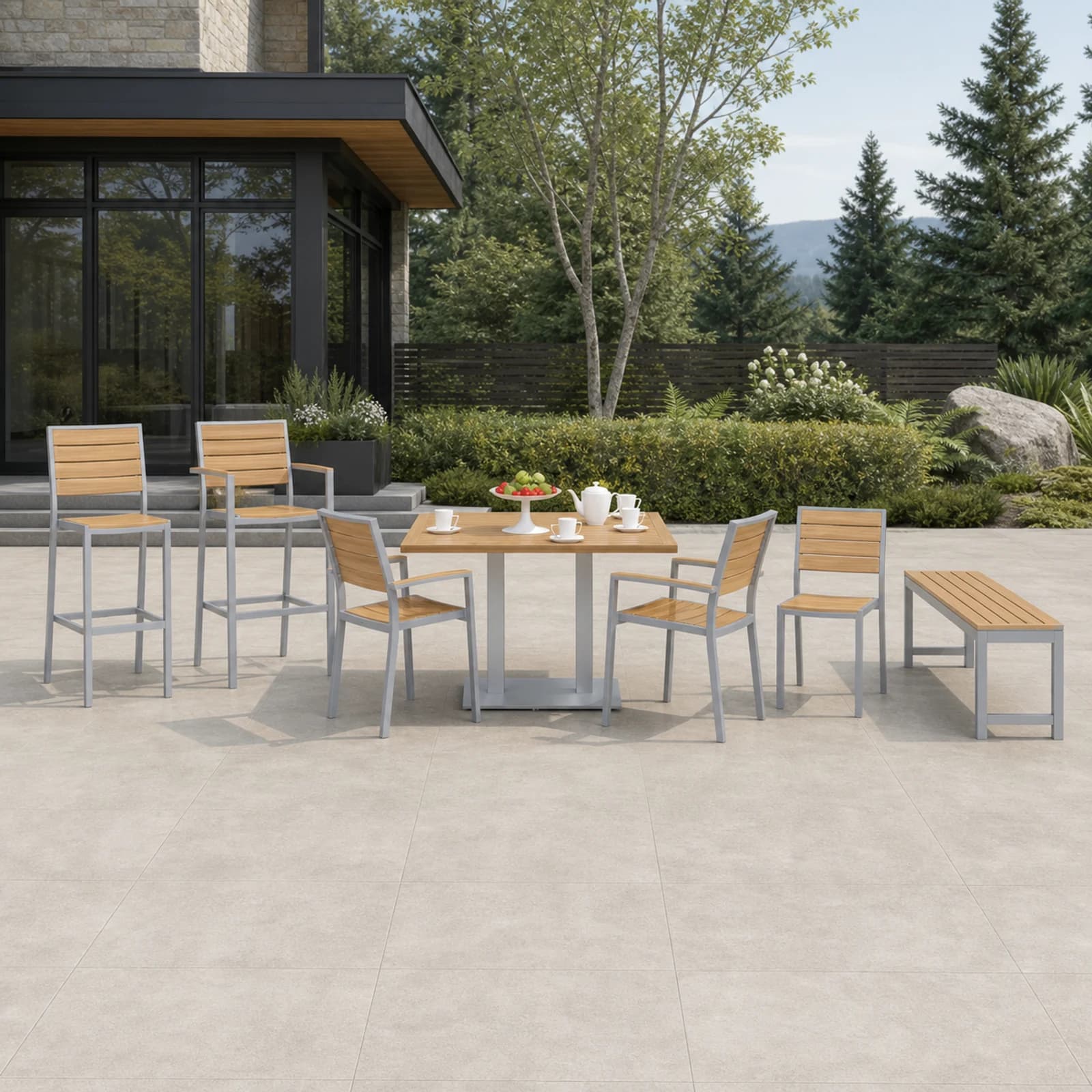 Ratana New Mirage collection arranged as a complete front-facing outdoor setting with every visible piece fully inside the square frame.