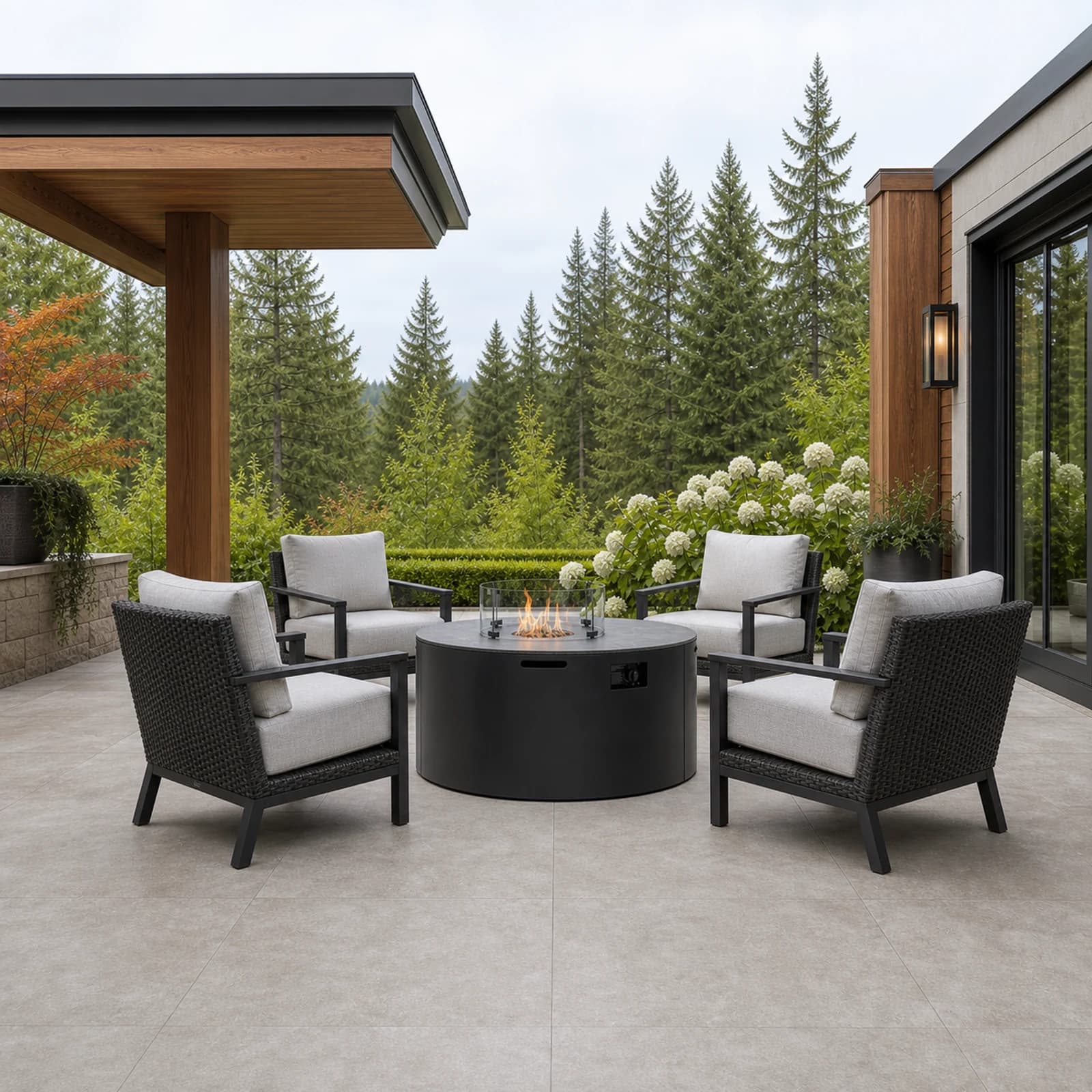 Ratana Newbury collection arranged as a complete front-facing outdoor setting with every visible piece fully inside the square frame.