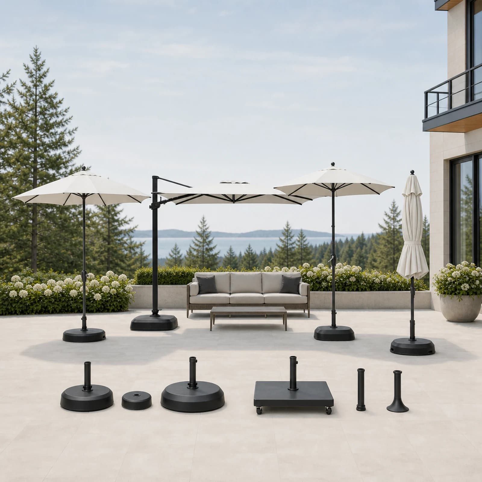 Ratana Patio Umbrellas & Bases collection arranged as a complete front-facing outdoor setting with every visible piece fully inside the square frame.