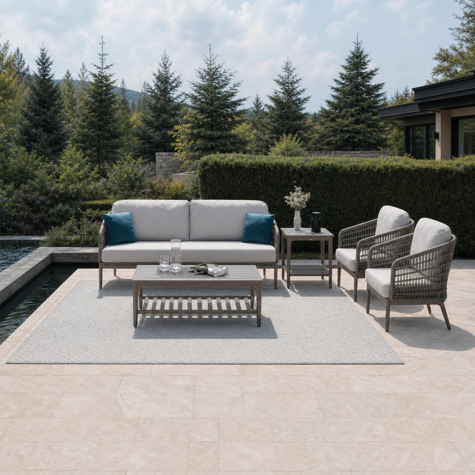 Ratana Poinciana collection arranged as a complete front-facing outdoor setting with every visible piece fully inside the square frame.