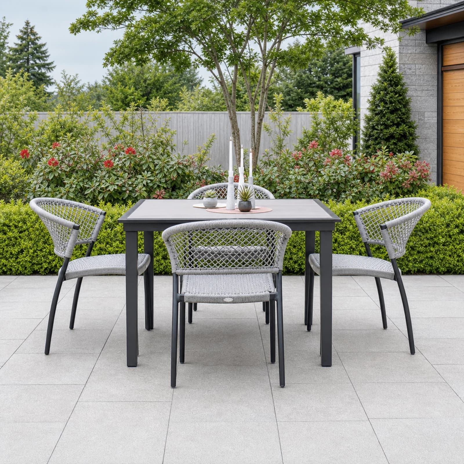 Ratana Ria collection arranged as a complete front-facing outdoor setting with every visible piece fully inside the square frame.