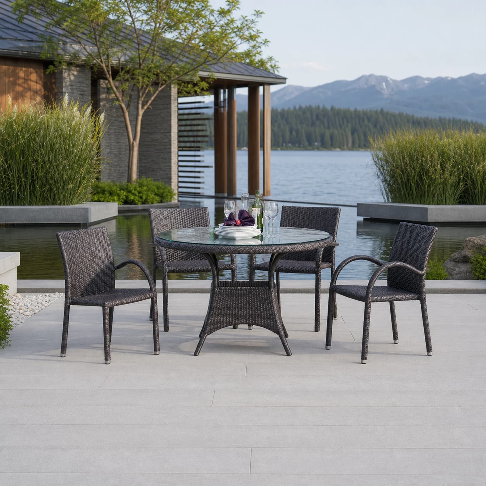 Ratana Riviera collection arranged as a complete front-facing outdoor setting with every visible piece fully inside the square frame.