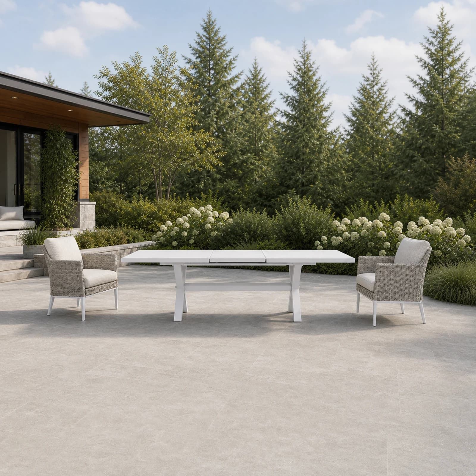 Ratana Sorrento collection arranged as a complete front-facing outdoor setting with every visible piece fully inside the square frame.