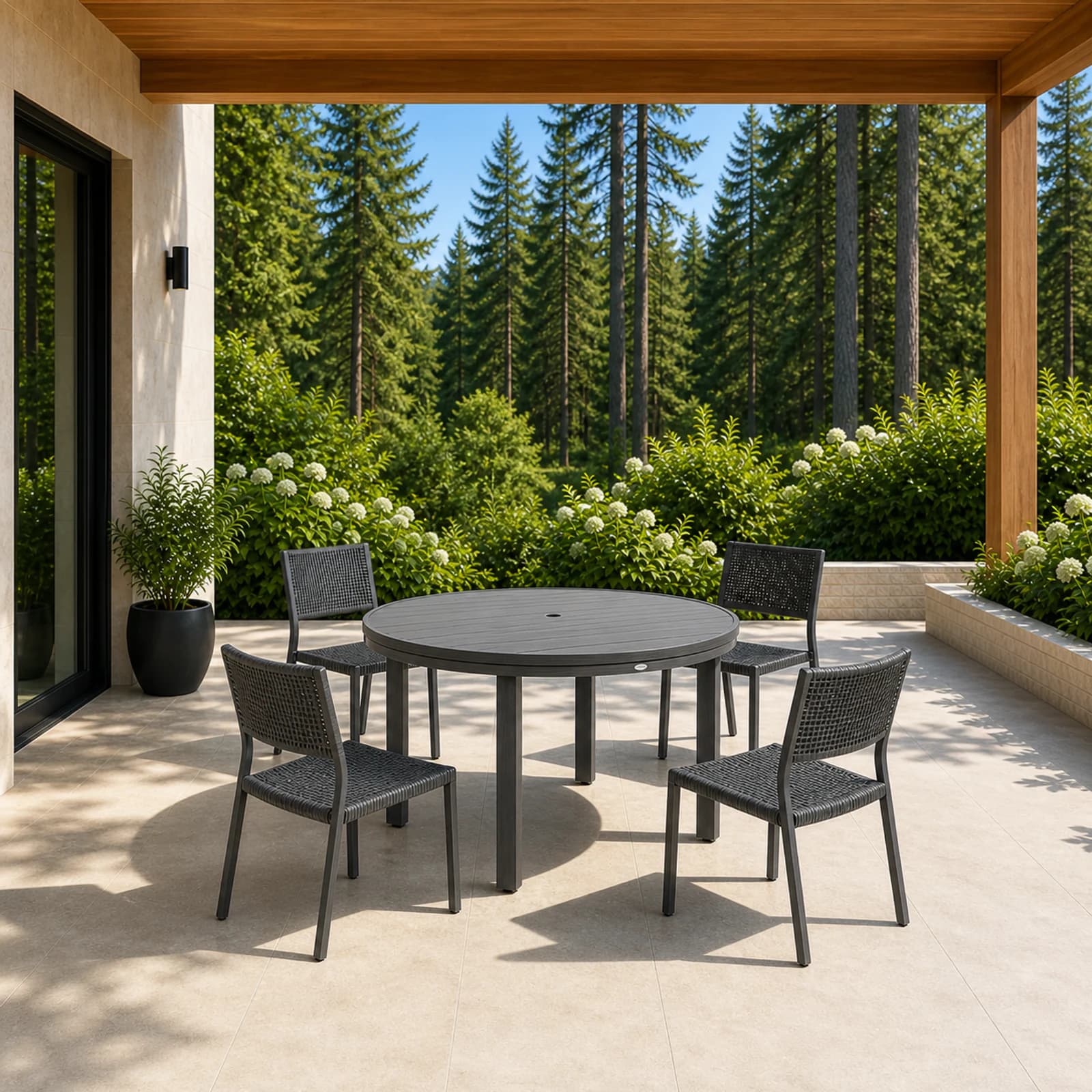 Ratana Sunbury collection arranged as a complete front-facing outdoor setting with every visible piece fully inside the square frame.