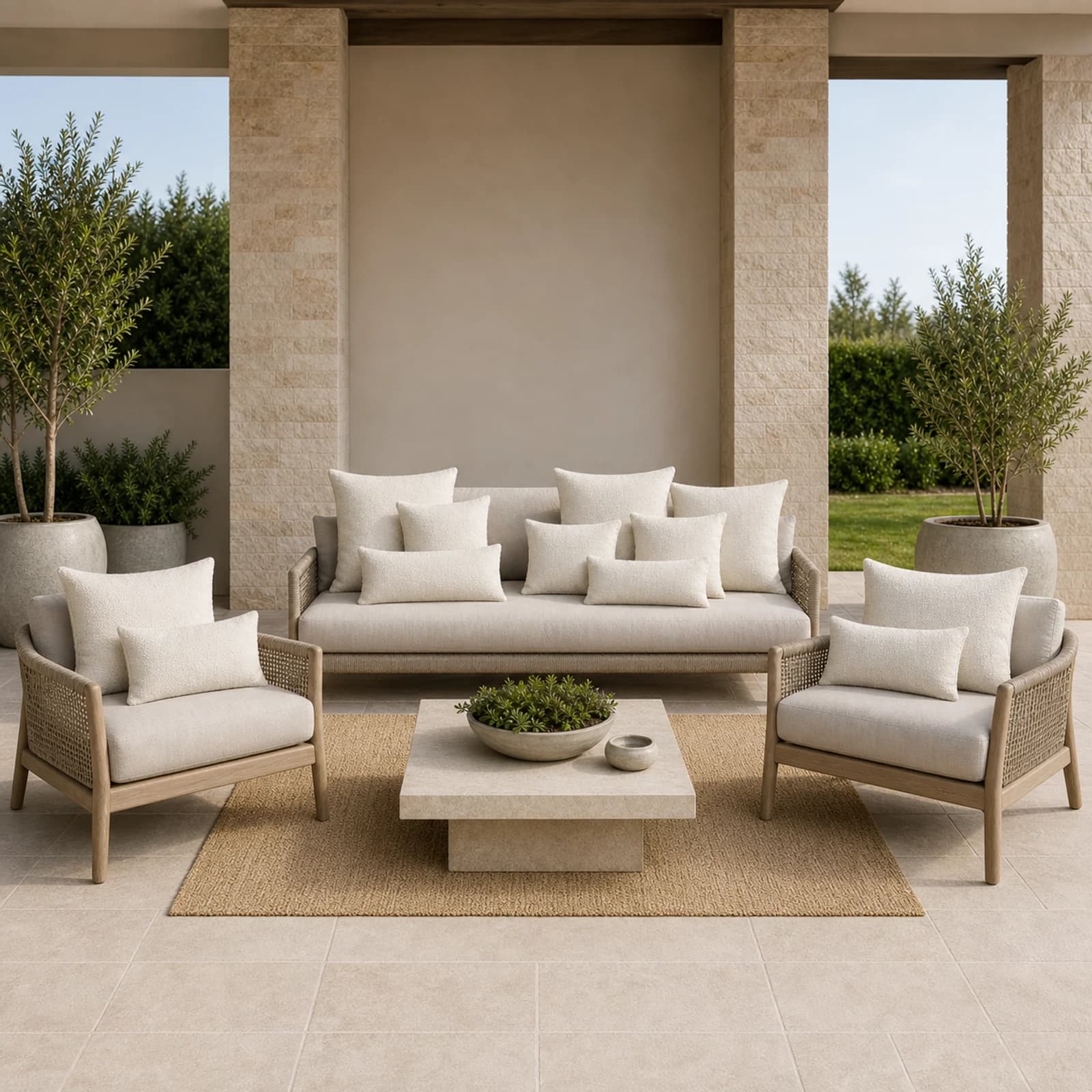 Ratana Toss Pillows collection arranged as a complete front-facing outdoor setting with every visible piece fully inside the square frame.