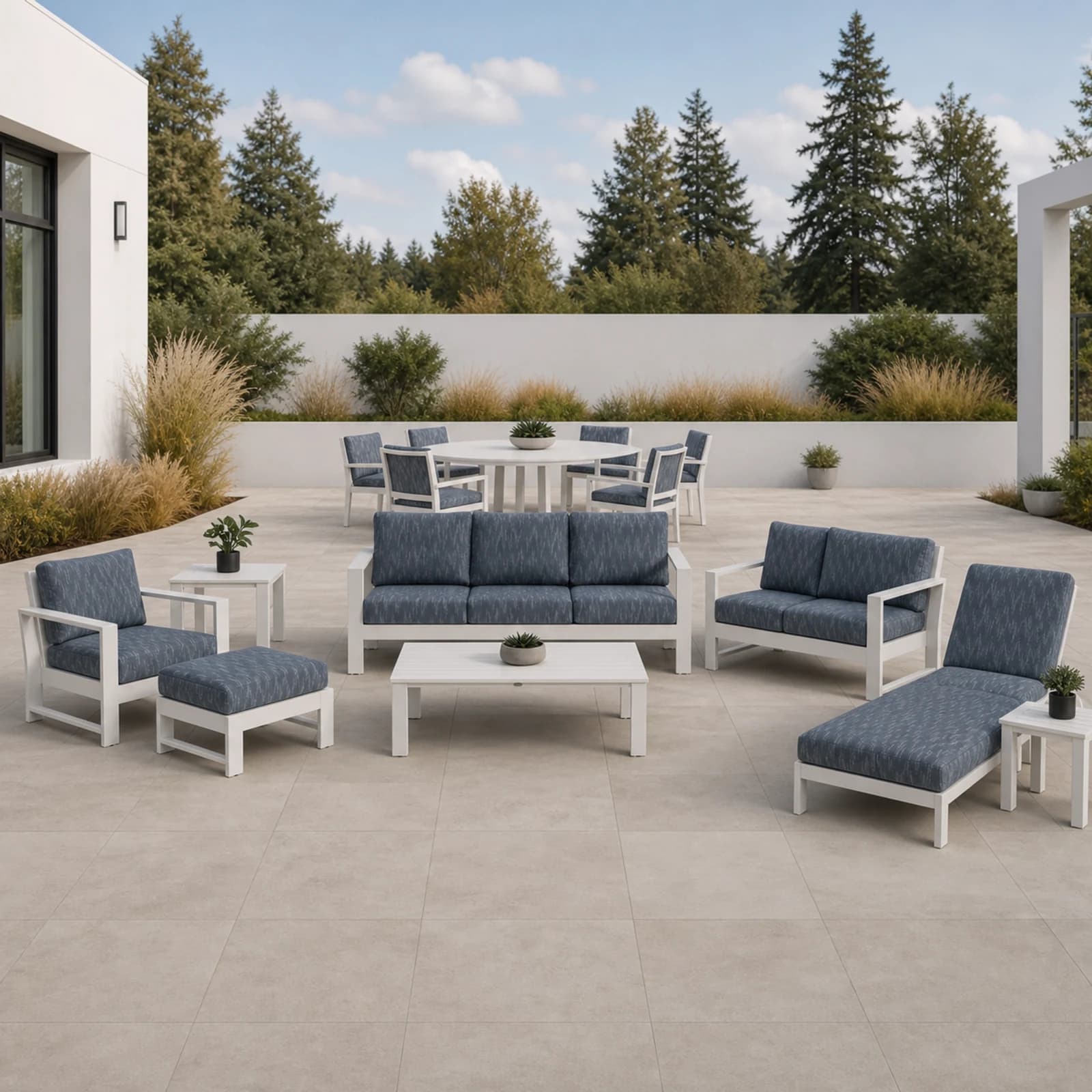 Ratana Vienna collection arranged as a complete front-facing outdoor setting with every visible piece fully inside the square frame.