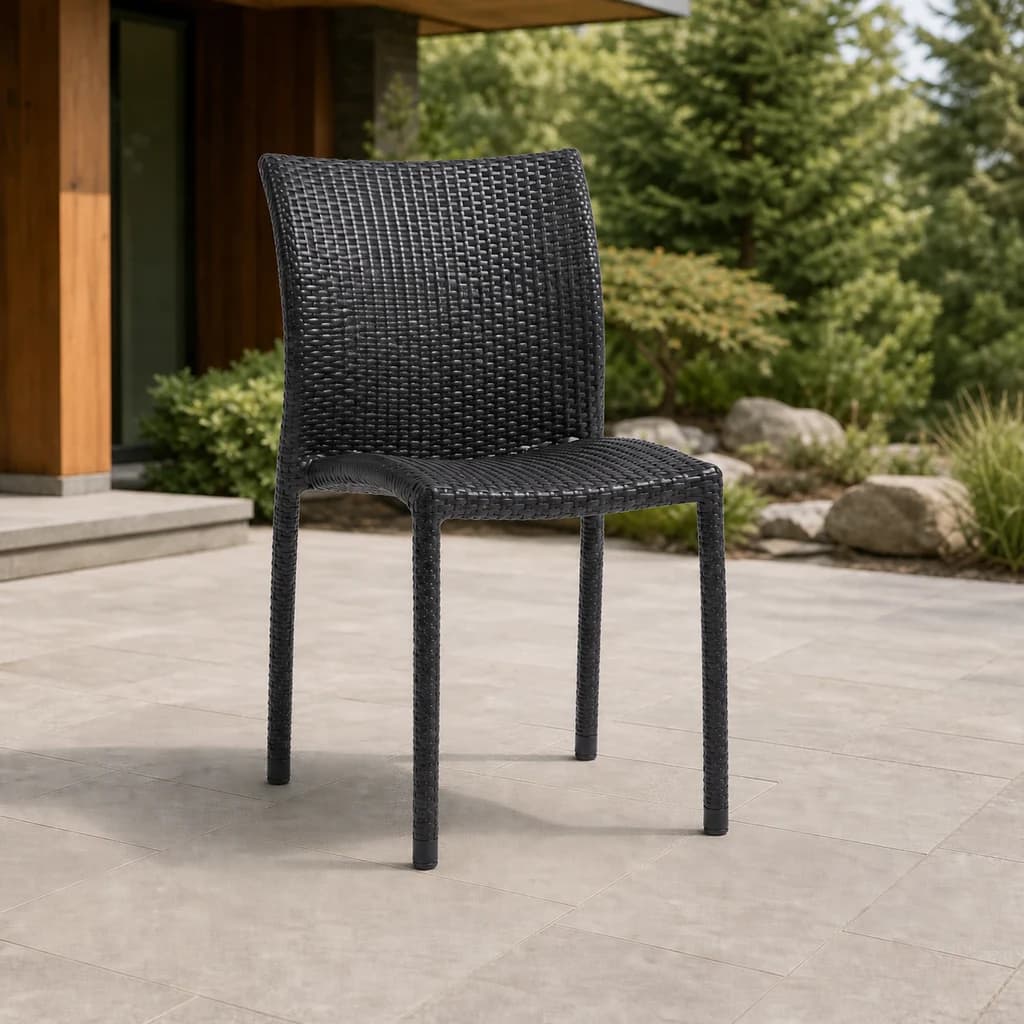 Ratana FN22911 Stacking Side Chair in dark woven finish on a premium covered Pacific Northwest patio.