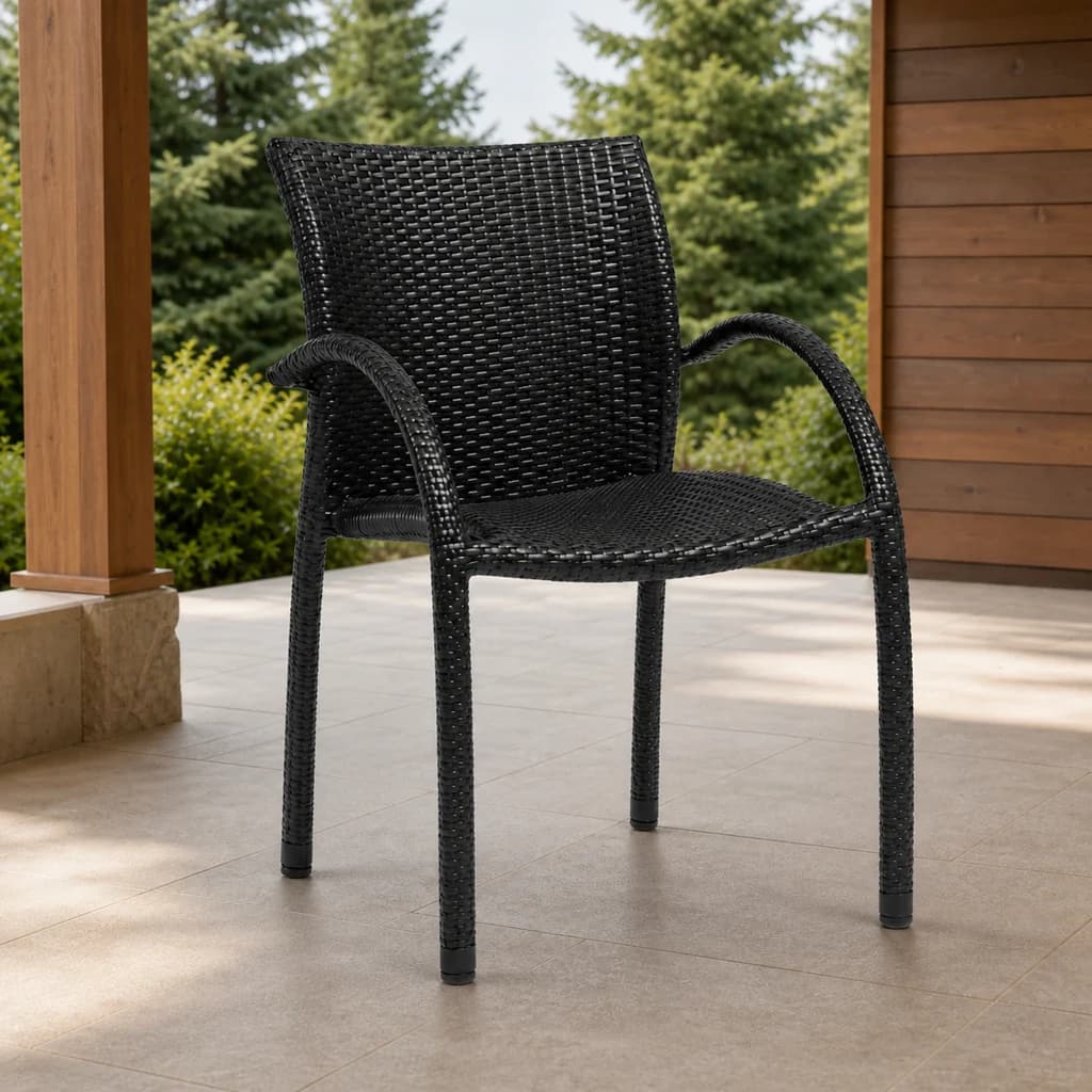 Ratana FN22912 Stacking Arm Chair in dark woven finish on a premium covered Pacific Northwest patio.