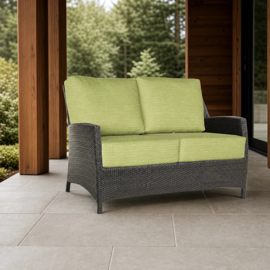 Ratana FN23002 Love Seat with four lime cushions on a premium covered cedar patio.