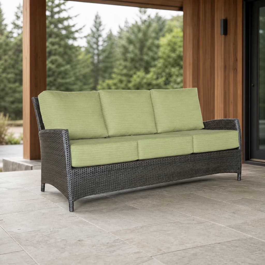 Ratana FN23003 Sofa with six lime cushions on a premium covered Pacific Northwest patio.