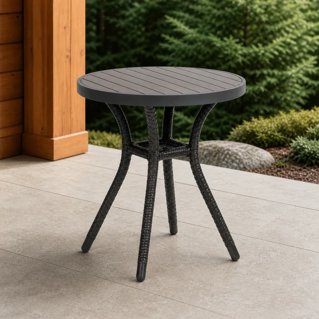 Ratana FN23014GROOOOO Palm Harbor 18-inch round end table with gray Everrawood slatted top on a cedar patio.
