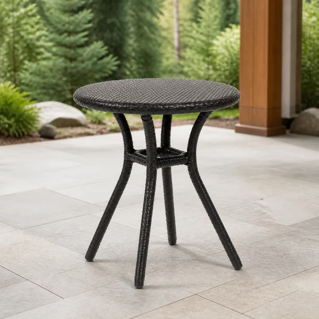 Ratana FN23014M Palm Harbor 18-inch round woven mesh end table on a covered Pacific Northwest patio.