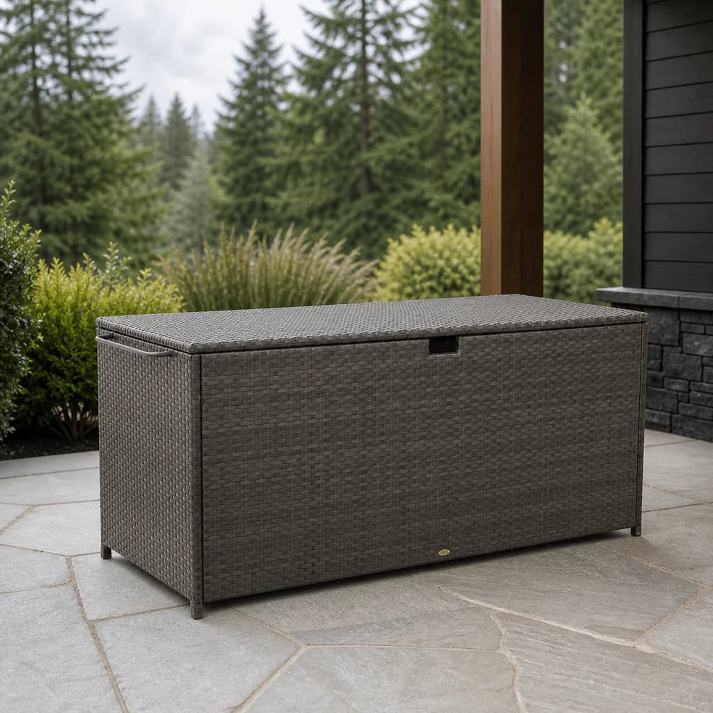 Ratana FN23037 deck box with wheels and handle on a covered Pacific Northwest patio.