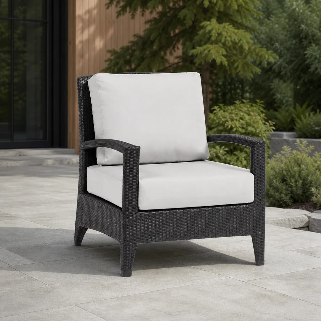 Ratana FN28301 New Miami Lakes Club Chair with ivory cushions and dark woven frame on a premium Pacific Northwest patio.