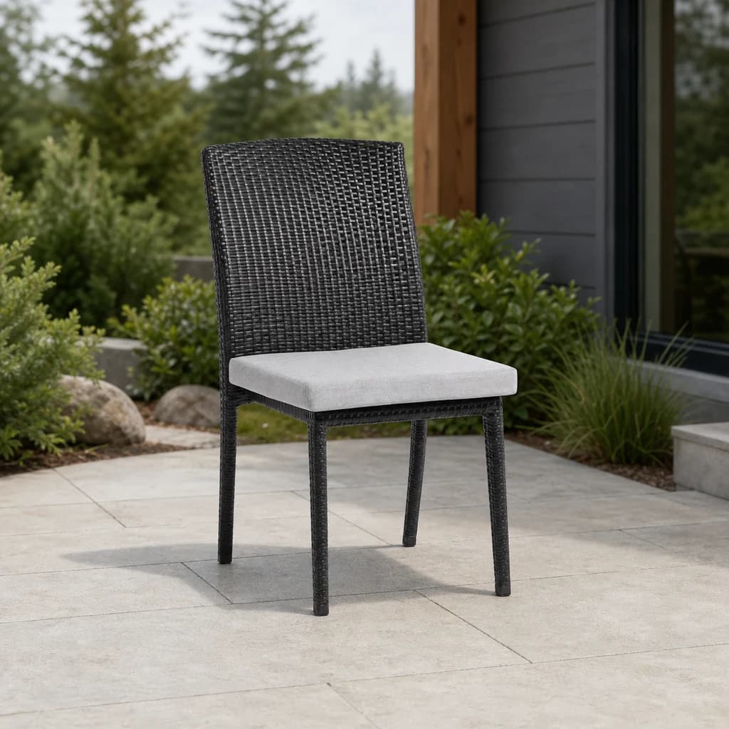 Ratana FN28311 New Miami Lakes Dining Side Chair with light-gray seat cushion and dark woven frame.