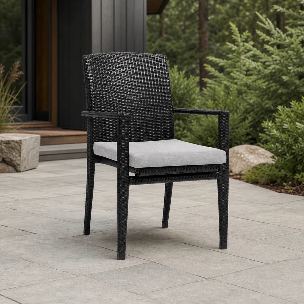 Ratana FN28312 New Miami Lakes Dining Arm Chair with light-gray seat cushion and straight woven arms.