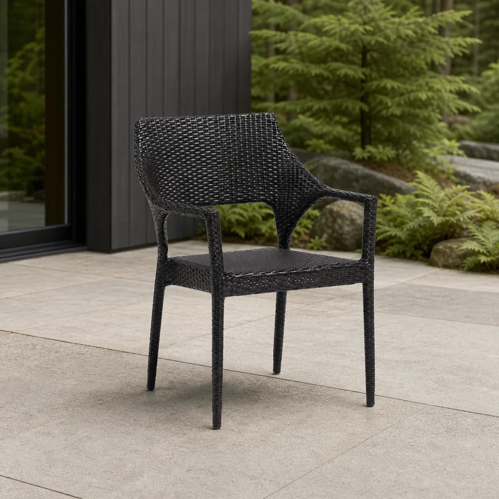 Ratana FN28312A New Miami Lakes cushionless Stacking Arm Chair with curved dark woven shell.
