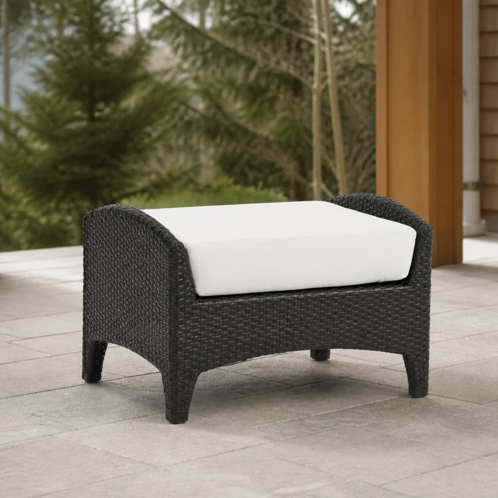 Ratana FN28316 New Miami Lakes Ottoman with ivory cushion and dark woven frame on a premium Pacific Northwest patio.