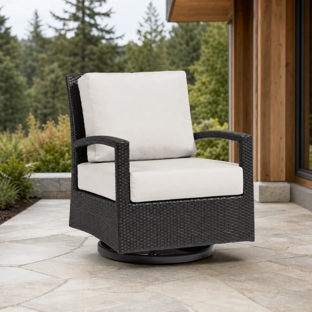 Ratana FN28390 New Miami Lakes Swivel Gliding Club Chair with ivory cushions and dark woven frame on a cedar patio.