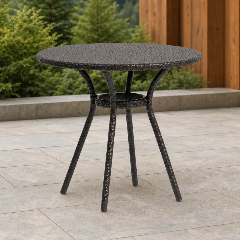 Ratana FN33115 Universal 32-inch round woven bistro table with circular mesh support on a cedar terrace.