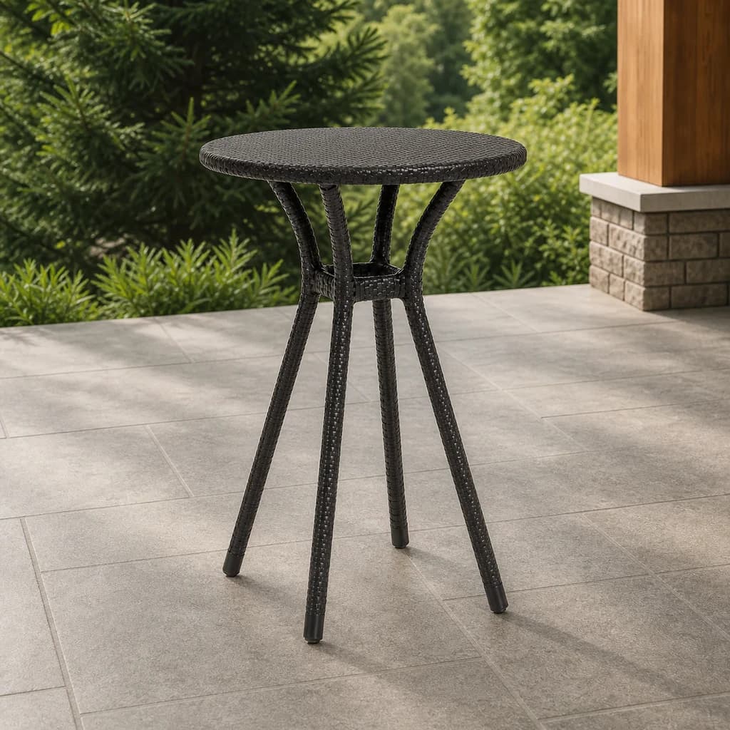 Ratana FN33130 Universal 24-inch compact round woven bistro table on a covered Pacific Northwest patio.