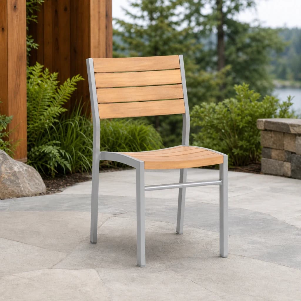 Ratana FN42911 New Mirage armless stacking side chair with teak slats and silver frame on a Pacific Northwest patio.