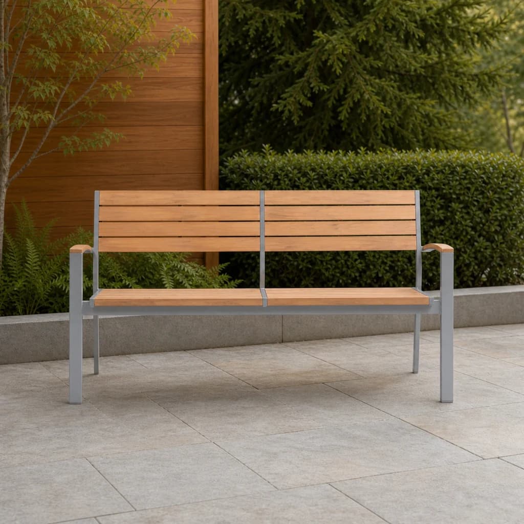 Ratana FN42947 New Mirage Bench with warm wood-look slats and gray aluminum frame on a garden terrace.