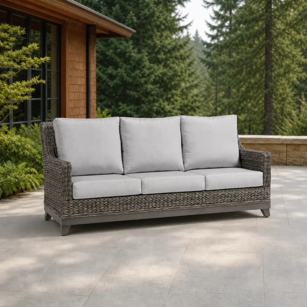 Ratana FN51703 Boston Sofa with six light gray cushions and taupe woven frame on a premium cedar patio.