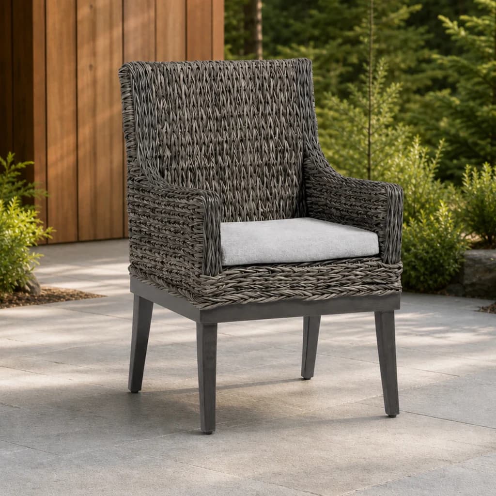 Ratana FN51712 Boston Dining Arm Chair with light gray cushion and taupe woven frame on a Pacific Northwest patio.