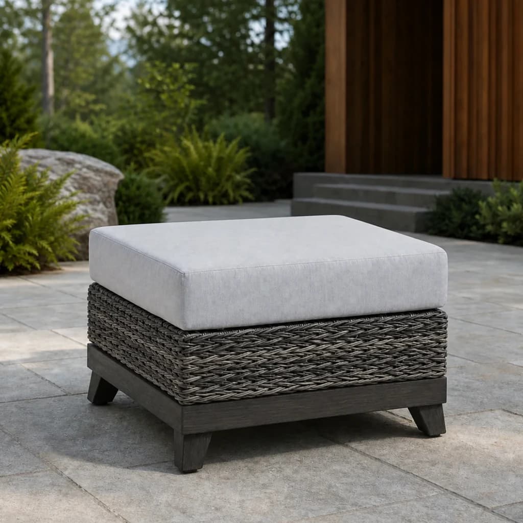 Ratana FN51716 Boston Ottoman with light gray cushion and taupe woven frame on a premium Pacific Northwest patio.